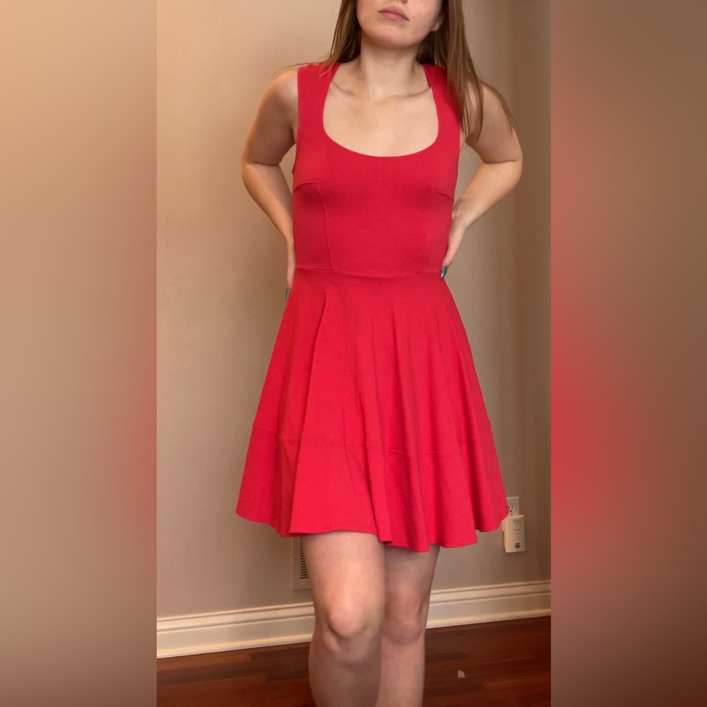 Red Sleeveless back zip dress with decorative seaming
